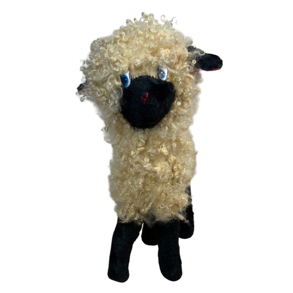 Vintage Curly Cream Sheep wool Plush Standing Lamb Black Face Blue Eyes 14"